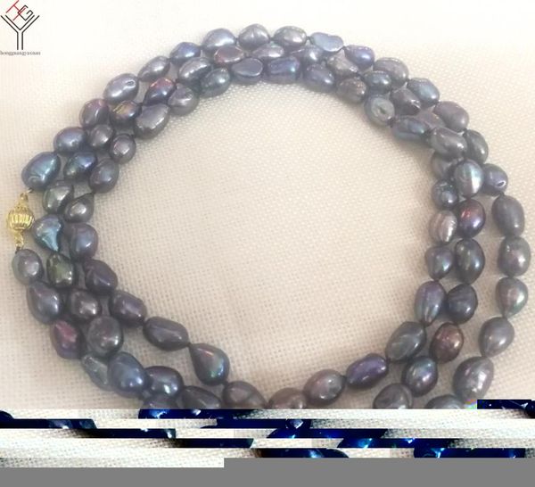 

chokers 50'' 127cm women fashion jewelry 9x10mm natural pearl necklace black blue gray baroque beads freshwater cultured, Golden;silver