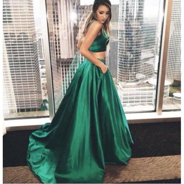 

party dresses emerald green 2 pieces prom long satin a line spaghetti floor length part gowns formal women special occasion dress, White;black