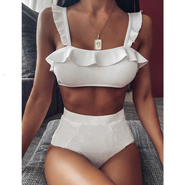 

swimwear 2021 ruffle high waist bikini women swimsuit push up set solid bathing suit summer beach wear swimming, White;black