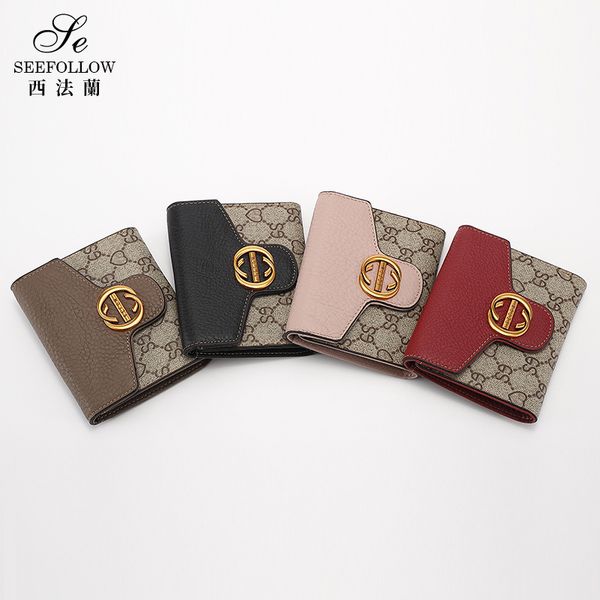 

wallet women's short leather multifunctional versatile buckle folding, Red;black