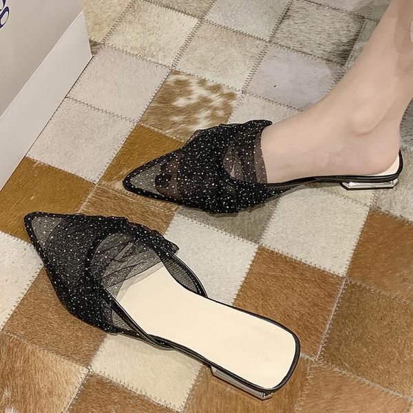 

ladies slippers elegant low heel women translucent mesh office black fashion beaded design female shoes
