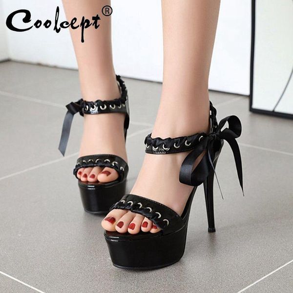 

dress shoes coolcept 2021 fashion women size 33-43 riband decoration high heel platform summer party sandals ladies footwear, Black