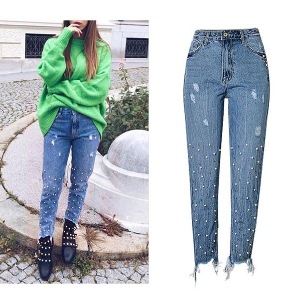 

women's jeans spring 2021 mom woman with high waist denim pantalon femme boyfriend for women female pearl pants trousers, Blue