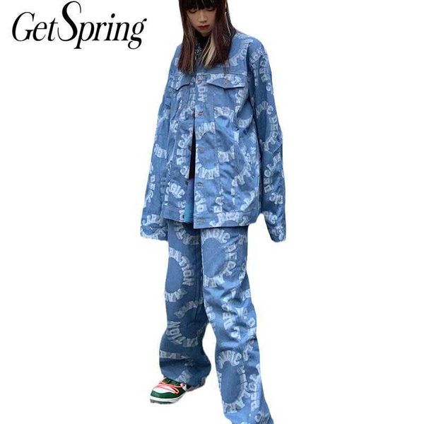 

getspring women denim coat jean jacket jacquard loose casual fashion coats blue spirng autumn 210601, Black;brown