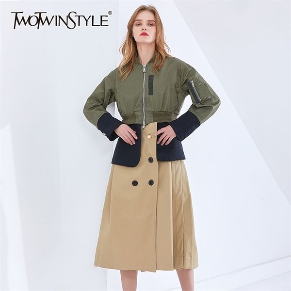 

casual hit color split trench for women stand collar long sleeve patchwork windbreaker female fashion clothes 210524, Tan;black
