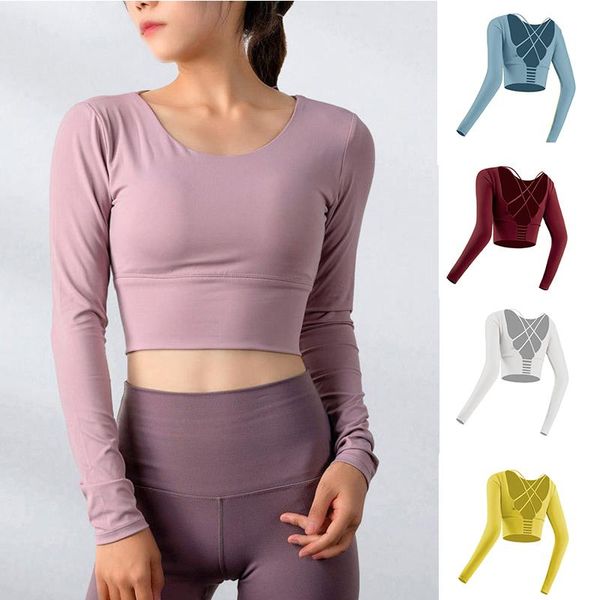 

women's padded sports long sleeve strappy backless workout with thumb hole nov99 yoga outfit