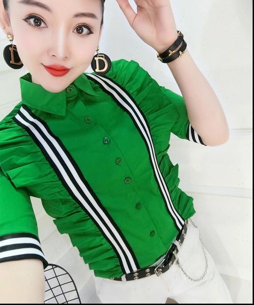 

fashion half sleeve ruffles work womens shirt wear cotton femme, White
