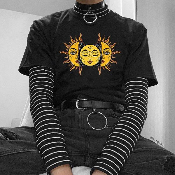 

harajuku solar eclipse sun and womens t shirt moon oversize vintage fashion aesthetic grunge tee hipsters gothic clothing, White