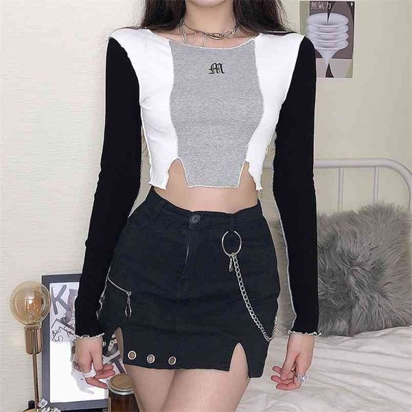 

women t-shirt stitching color block patchwork long sleeve short slim fit spring autumn high street clubwear 210522, White