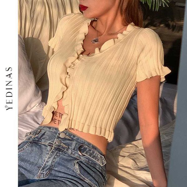 Yedinas E-girl Süße Feste Rüschen Einreiher Crop Tops K-pop Chic V-ausschnitt Kurzarm Gestrickte T-shirts Mode Casual Tees 210527