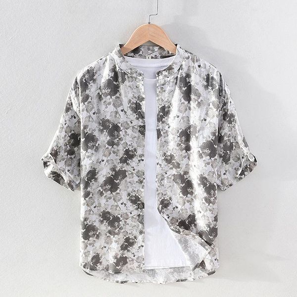

men's casual shirts short-sleeved printed tide shirt linen chinese stand-up collar five-point sleeve men, White;black