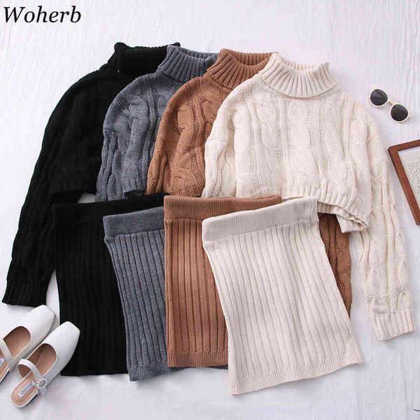

two piece outfits for women fashion all-match korean knit suit turtleneck sweater bodycon skirt 2 set female 210422, White