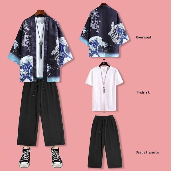 

men's tracksuits chinese men summer thin hanfu tang three-piece suit cropped trousers sun protection cardigan ancient japanese kimono r, Gray