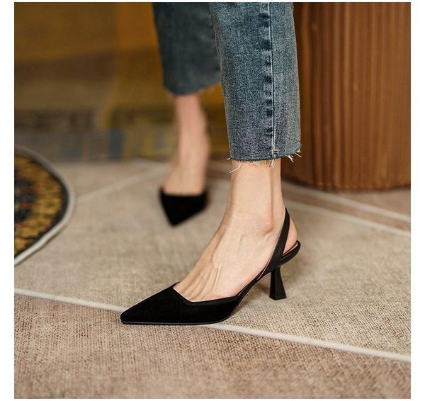 

dress shoes sandals strappy heels 2021 women's velvet suit female beige shallow mouth stiletto suede elastic band summer bla, Black