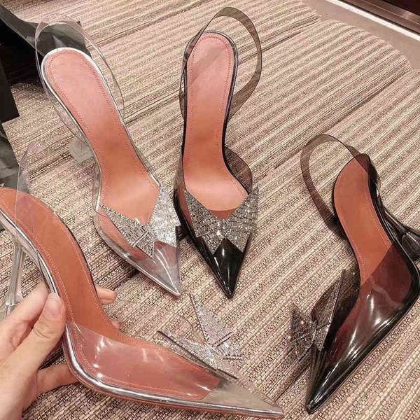 

sandals 2021 pointed transparent sandals women's bun water drill bow wine glass heels, Black