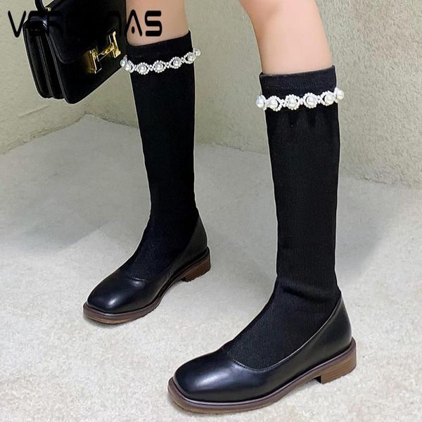 

boots verconas fashion sweet woman knee high autumn winter warm cow leather party basic office prom pearl decoration shoes, Black