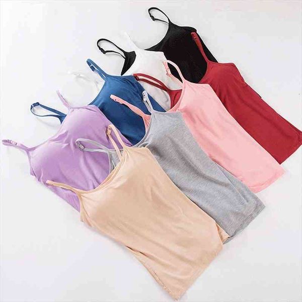 

women solid tank adjustable strap built in cup padded wireless camisole camis vest female home basic tank top, White