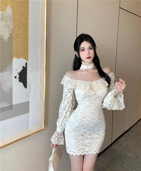 

casual dresses autumn nightclub one-shoulder lace ruffled embroidered slim fit hip dress women punk rave, Black;gray