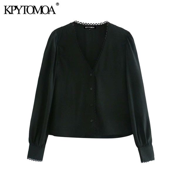 

women fashion patchwork trims button-up blouses v neck lantern sleeve female shirts chic 210420, White