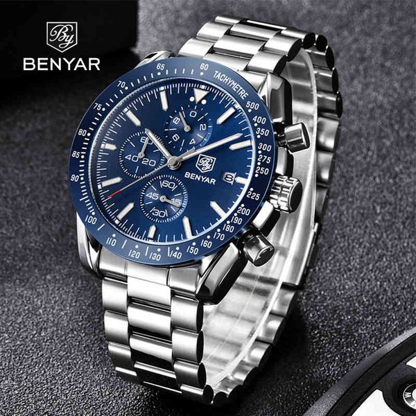 

benyar 2021 new fashion luxury men automatic mechanical watches brand multifunctional waterproof chronographic, Slivery;brown