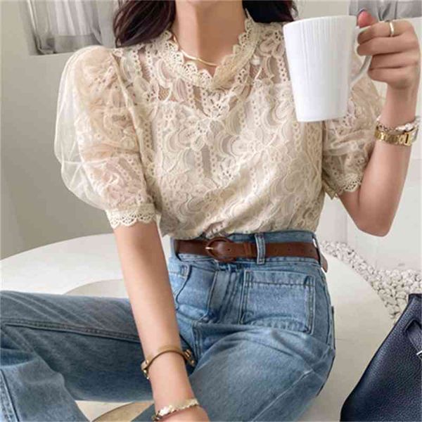 

women's knits & tees new embroidery lace transparent womens blouses summer femme casual women shirt short sleeve girls blouse plus siz, White