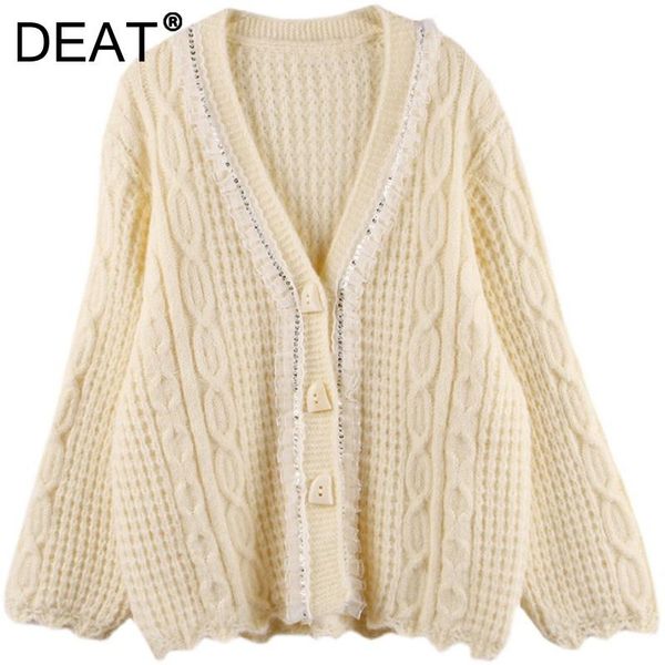 

women's knits & tees [deat] women sweater cardigan single-breasted long sleeve v-neck patchwork lace loose 2021 autumn winter fashion t, White