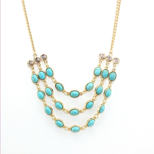 

pendant necklaces light yellow gold color multi layer oval green turquoises link chain necklace with rhinestone statement jewelry, Silver