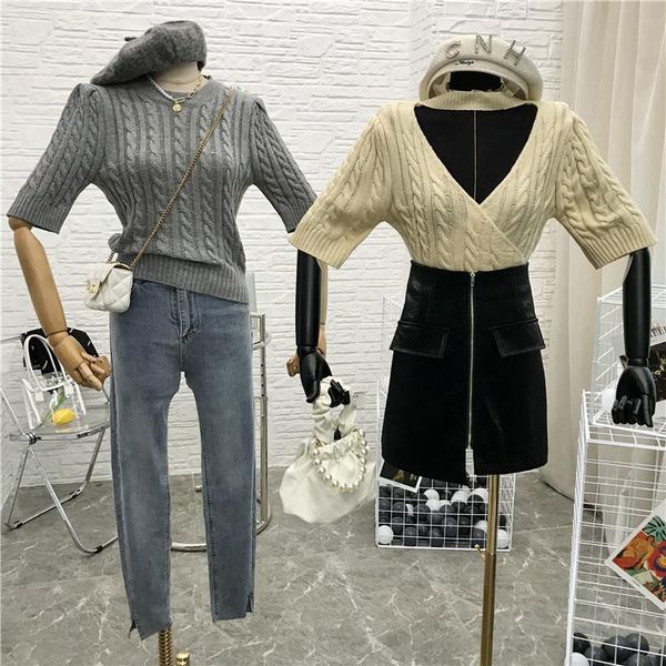 

women's sweaters alphalmoda stylish women backless twested half-sleeve sweater solid knitting jumper fashion outfit, White;black