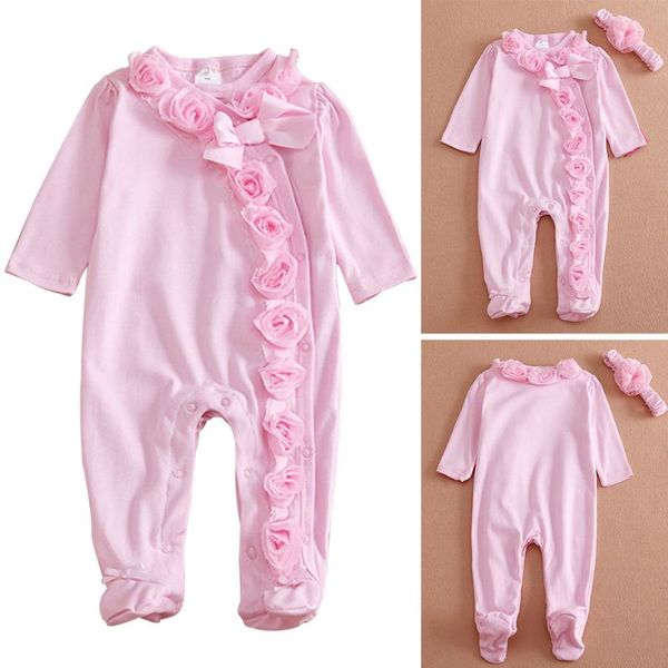 

footies girl lace flower casual decorative buttons bowknot soft baby romper set breathable with headband comfortable cute long sleeve, Blue