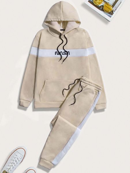 

men two tone letter graphic drawstring hoodie & sweatpants l1mp#, Gray