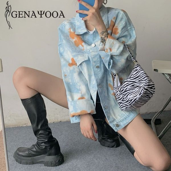 

genayooa streetwear jackets for winter long sleeve blue tie dye denim jacket vintage loose jeans coat women korean style 210417, Black;brown