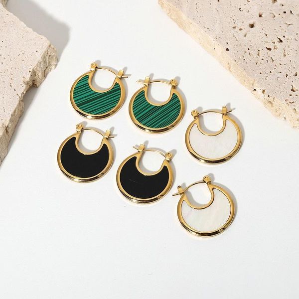 

hoop & huggie 2021 fashion plated gold enamel stainless steel moon fan shape malachite geometric earring women girls party jewelry gifts, Golden;silver