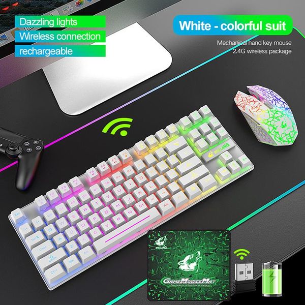 

rechargeable wireless gaming keyboard and mouse set 87-key rainbow led backlight waterproof rgb silent ergonomic combos