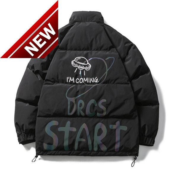 

hip hop ufo laser colorful reflective print down coats 2021 mens jacket harajuku winter padded warm outwear men clothing, Black