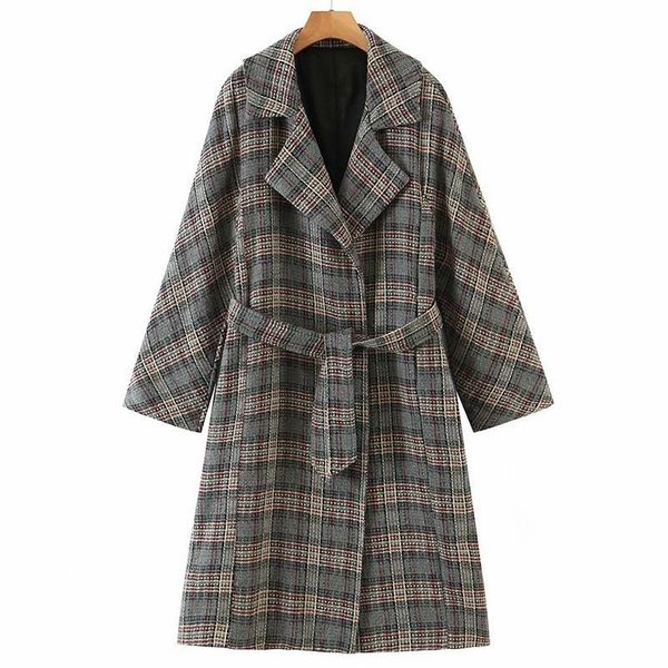 

women's wool & blends autumn and winter suit collar slim fit belt casual longline check coat jacket thick woolen 2021, Black