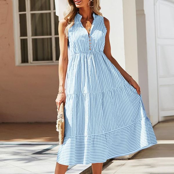 

casual dresses elegant women womens spring sleeveless stand collar striped v neck flowy midi dress holiday beachwear vestidos, Black;gray