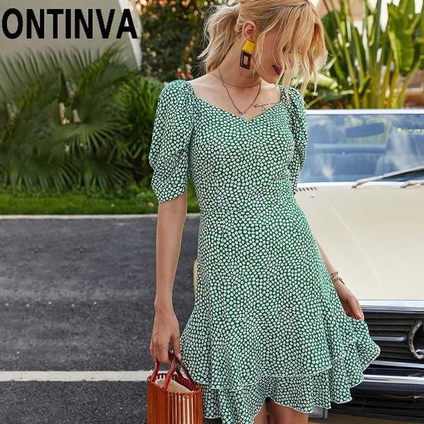 

ladies puff sleeve green dot printed summer cute dresses women retro jurk v neck omighty dreses s  l xl 210527, Black;gray