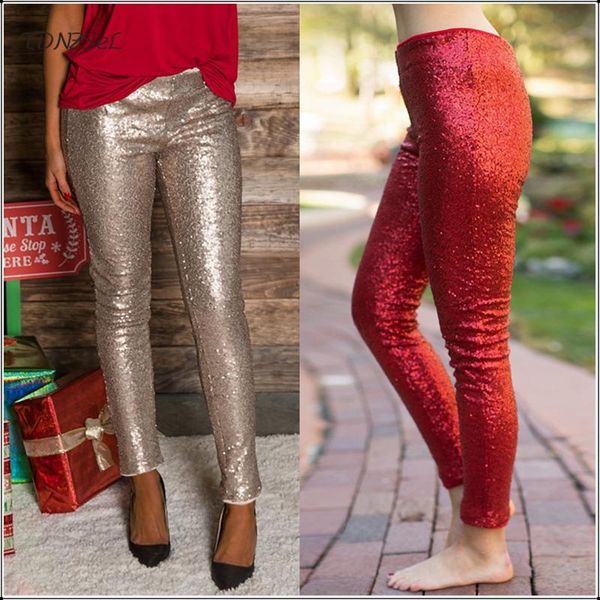 

women's pants & capris women glitter mid waist sequined pencil nightclub party elastic slim shiny trousers casual sparkle metallic, Black;white