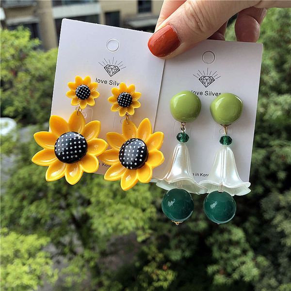 

new xiaoqingxinsen women's sunflower trumpet flower personality fashion funny 925 silver cartoon earrings, Black