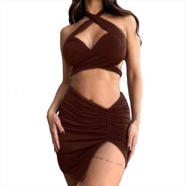 

cotton brown bandage women tracksuits ruched slit mini skirts halter neck vests clubwear matching outfits two piece sets, Gray