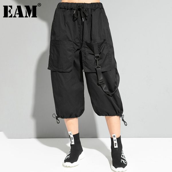 

[eam] high elastic waist black pocket strap wide leg trousers loose fit pants women fashion spring autumn 1dd6689 210512, Black;white