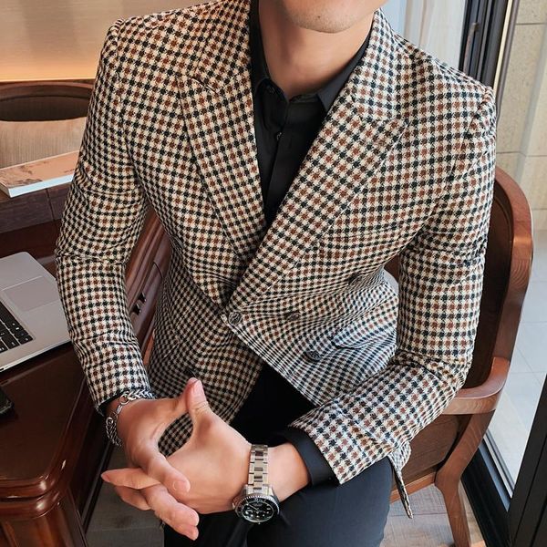 

men's suits & blazers british style double-breasted men slim wedding business casual suit jacket houndstooth street wear social dress c, White;black