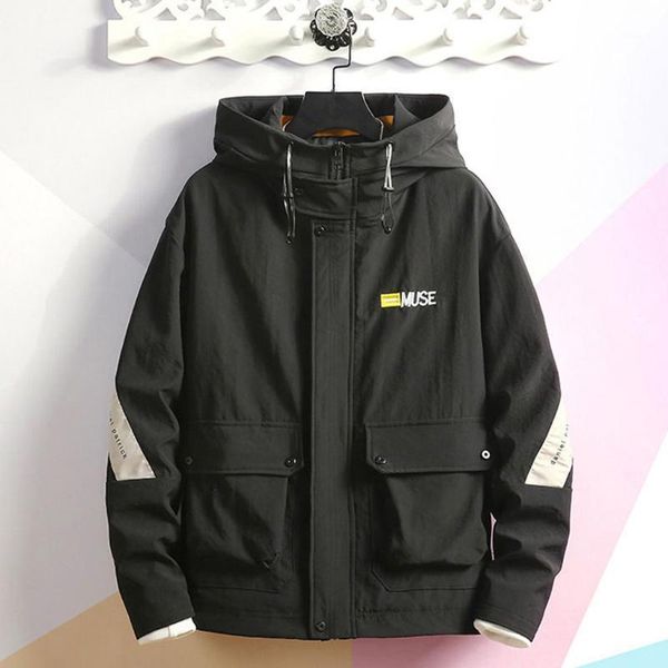 

men's jackets autumn winter casual fashion patchwork hoodie multi-pockets outwear coat, Black;brown