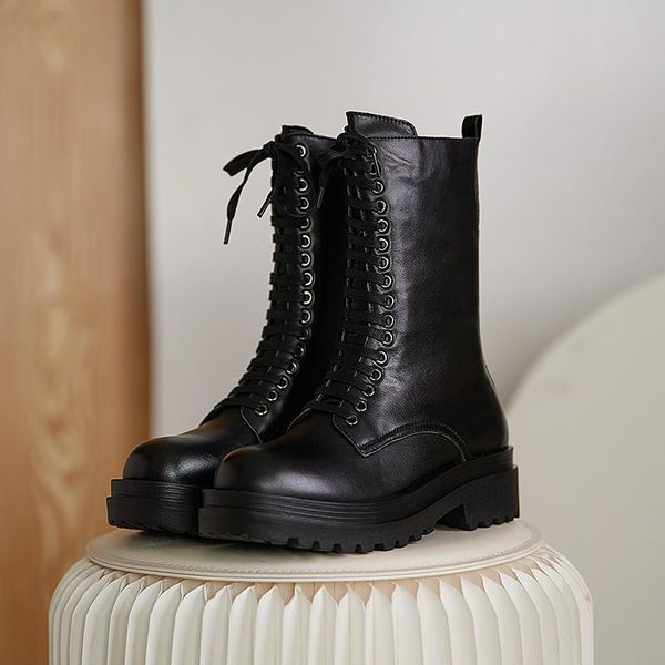 

boots genuine leather short round toe lace-up motorcycle women cross-tied pure handmade customization, Black