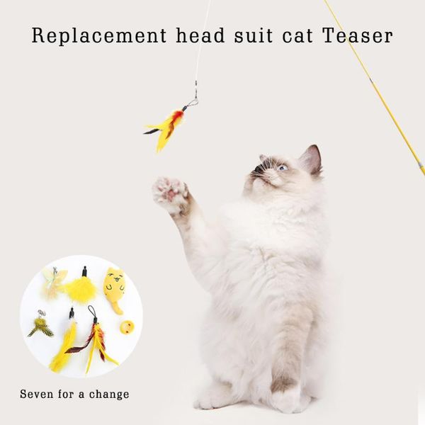 

5pcs pets cat toys funny stick set replacement feather head teaser rod kitten interactive playing accessory