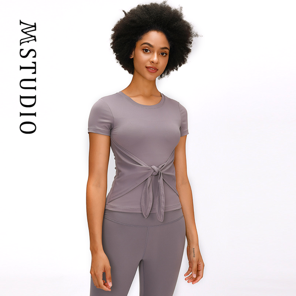 

yoga outfit summer women t-shirts front waist butterfly fit for sport fitness short sleeve crop clothes breathable tight tee blouse