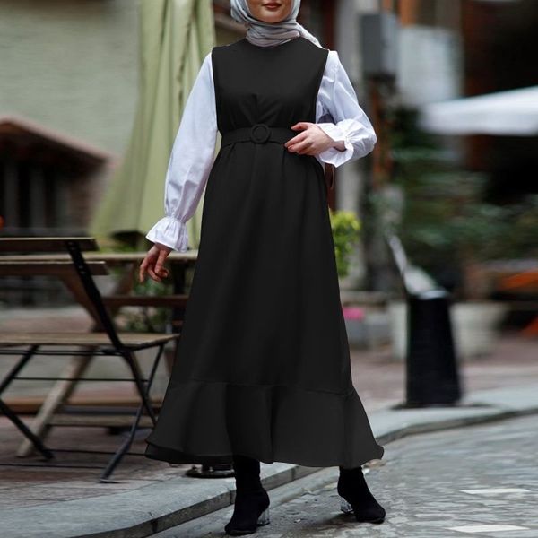 

women's blouses & shirts zanzea women spring muslim dress kaftan sleeveless solid pleated abaya morocco long maxi casual belt ruff, White