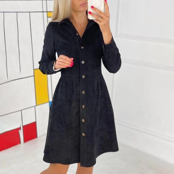 

casual dresses fashion women's solid colors long-sleeved single-breasted turn-down collar shirt corduroy mini dress vestidos#g3, Black;gray