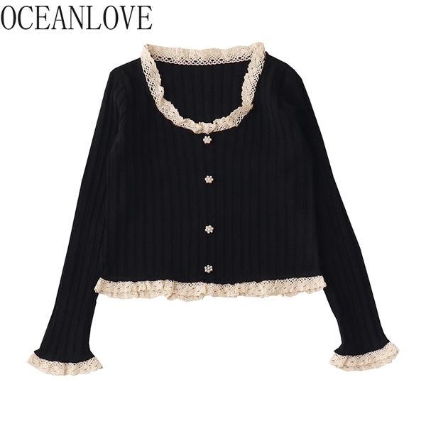 

mujer chaqueta lace patchwork short sweet spring autumn woman sweaters slim vintage cardigans japan style 210415, White;black