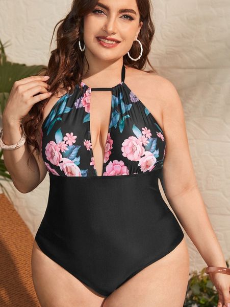 

plus floral halter one piece swimsuit 75kz#, Black